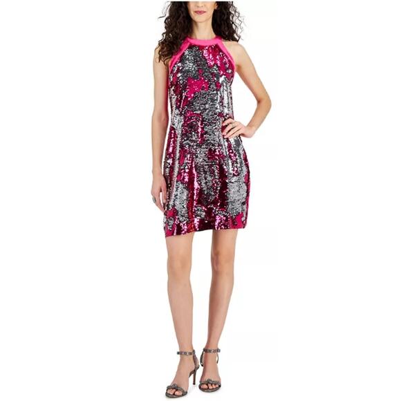 NEW Sam Edelman Hot Pink Flip Sequin Sleeveless Sheath Dress Size 6 Silver NWT - Picture 1 of 15